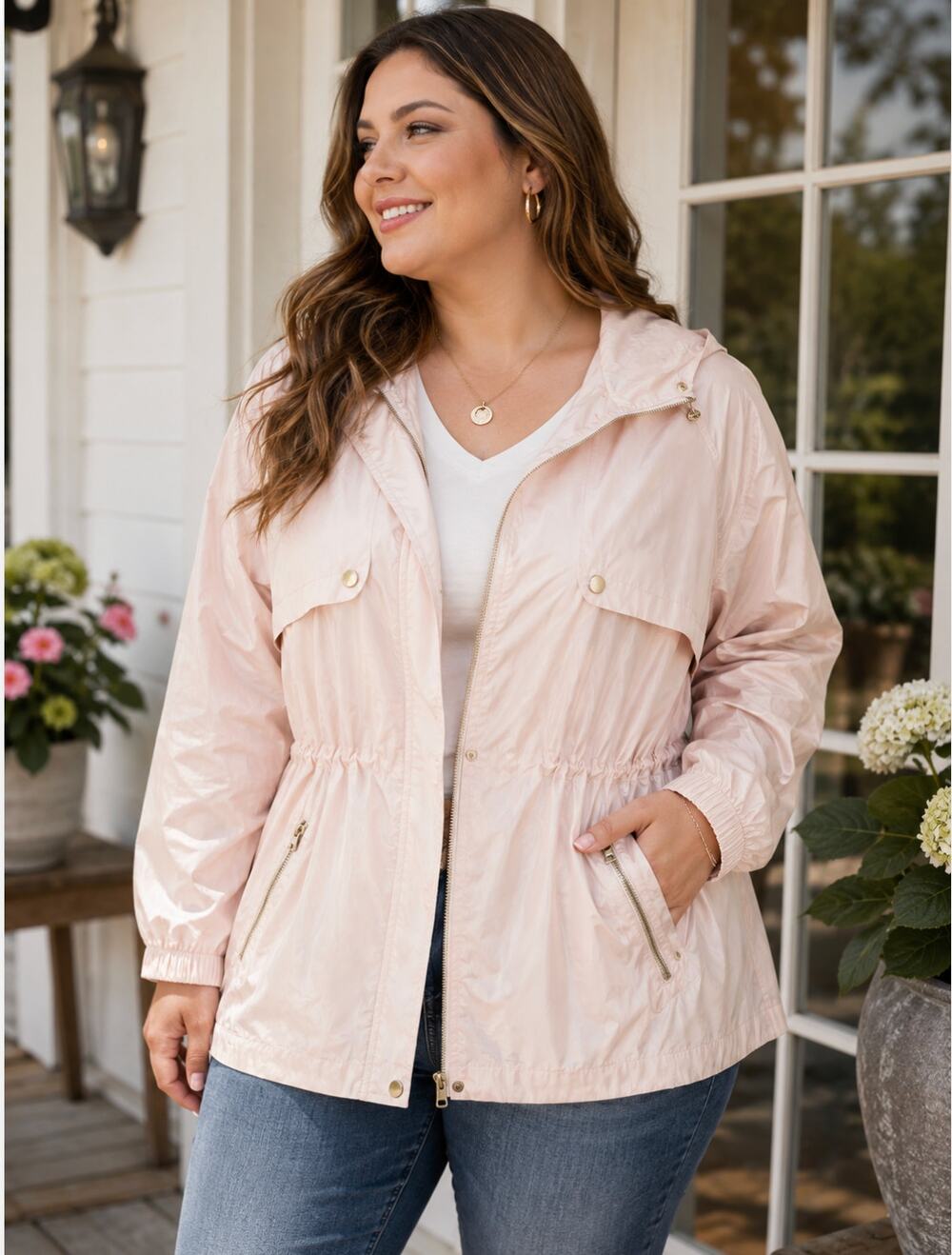 Blush Pink Hooded Windbreaker Jacket Cinch Waist Lightweight Utility Anorak 2X